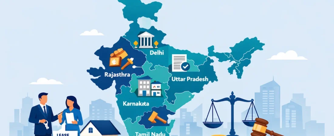 Infographic illustrating Rent Control and Tenancy Laws in India, highlighting Maharashtra, Delhi, Karnataka, Tamil Nadu, Rajasthan, and Uttar Pradesh with icons for landlords, tenants, legal documents, and housing.